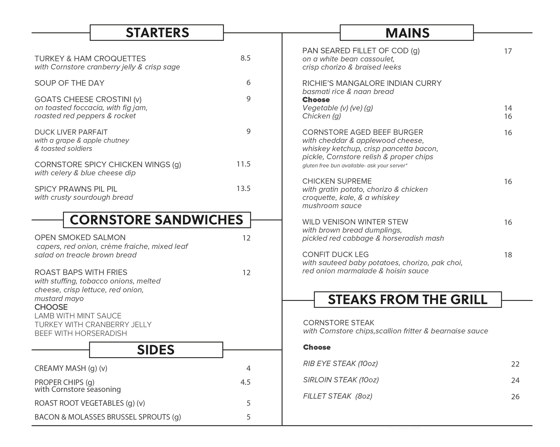 Lunch Menu Cornstore Cork