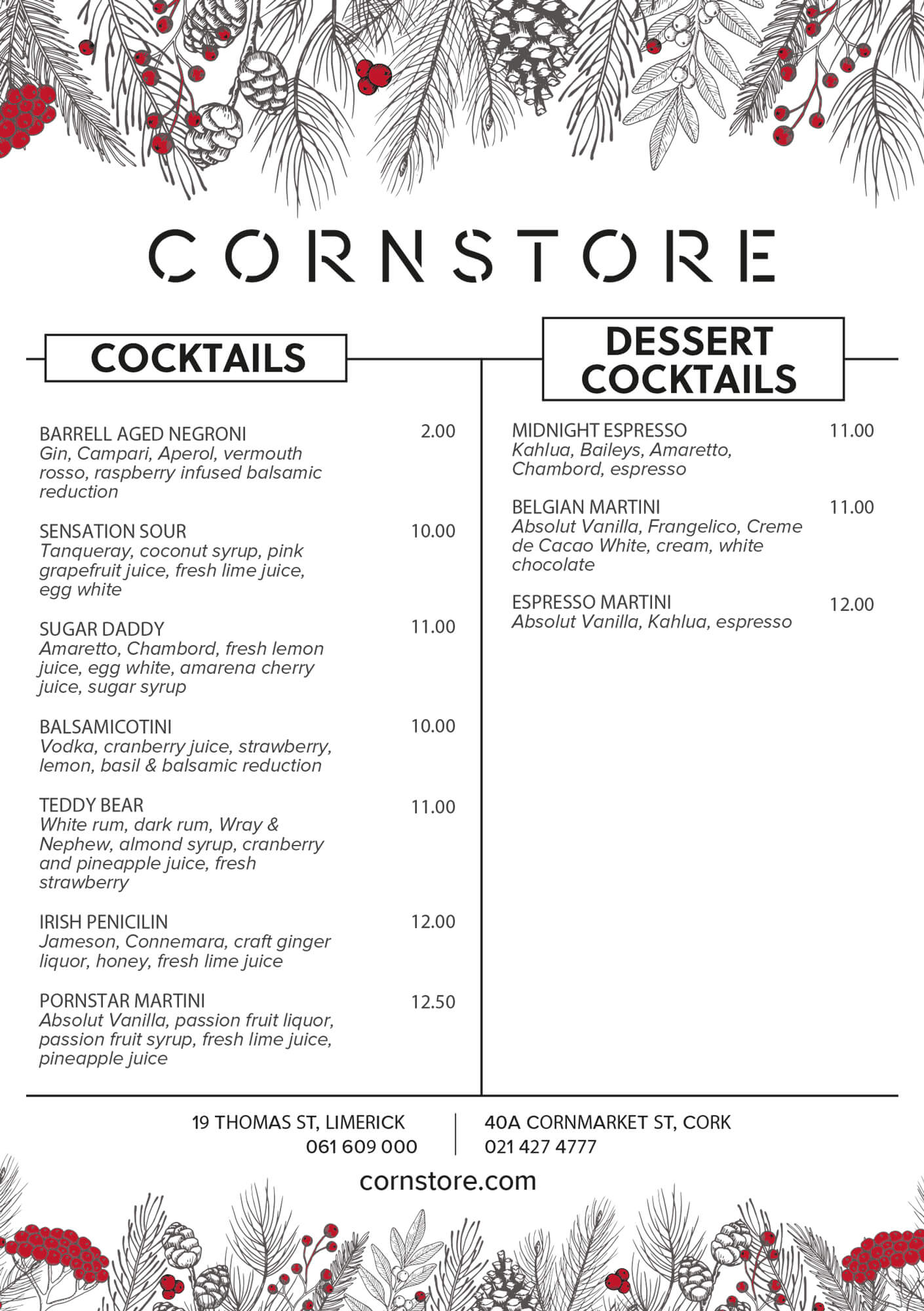 Cocktail Menu Cornstore Cork