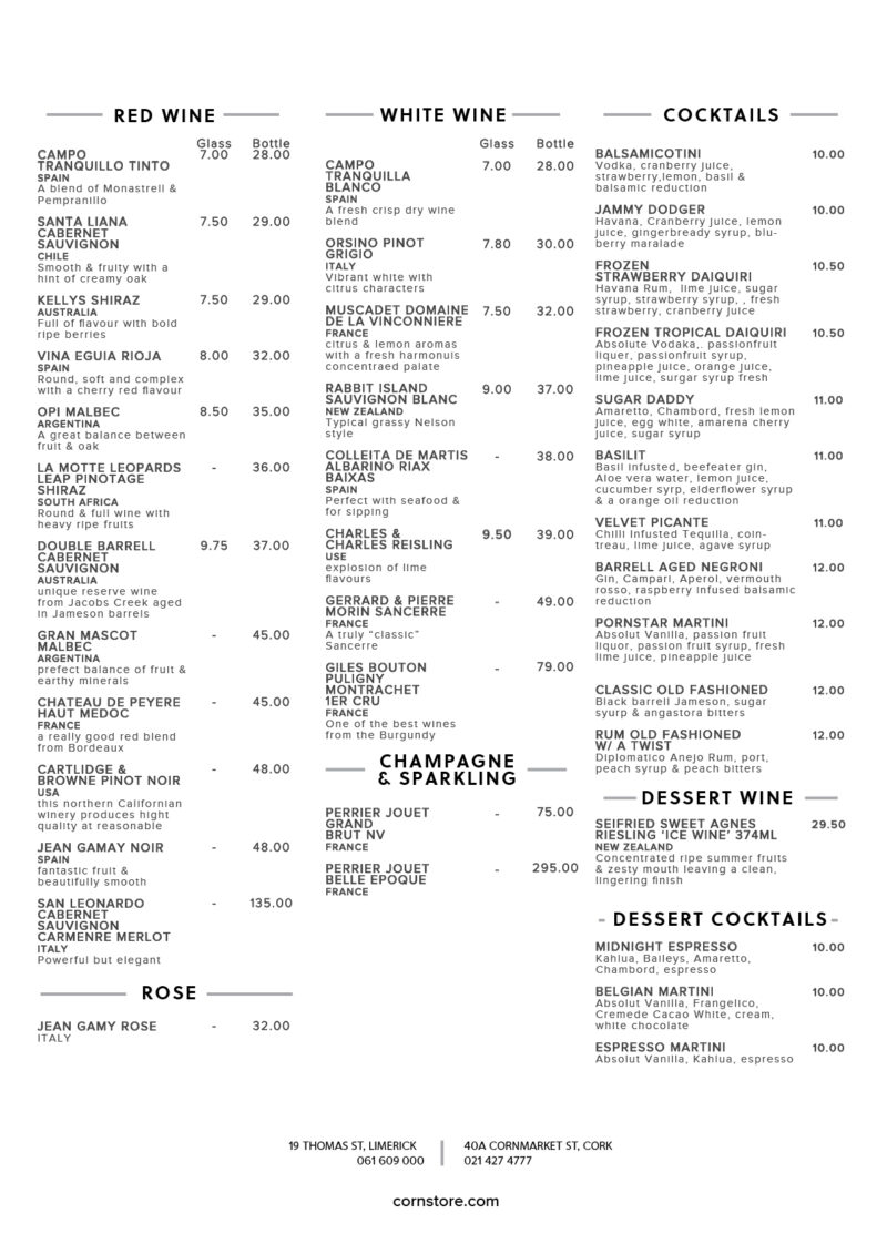 Main Menu Cornstore Cork